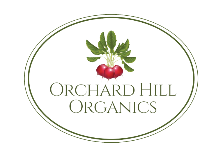 Logo of Orchard Hill Organics featuring red radishes and green leaves, representing fresh and organic produce.